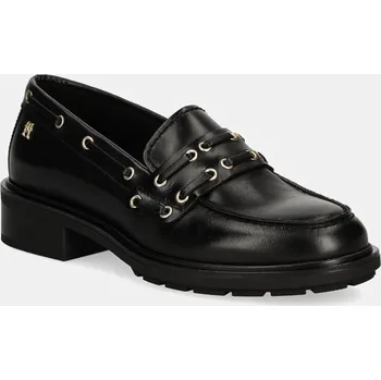 Dámské mokasíny Kožené mokasíny Tommy Hilfiger NAUTICAL EYELETS LEATHER LOAFER dámské, černá barva, na platformě, FW0FW08148 99X, EUR 36