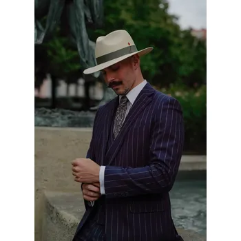 Klobouk Luxusní panamský klobouk Fedora s šedo-zelenou stuhou - ručně pletený, UV faktor 80 - Ekvádorská panama - Mayser Gedeon Velikost: 55 cm (S)