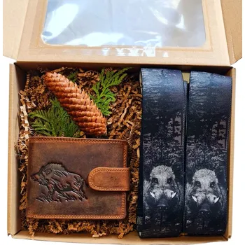 Myslivecký dárkový set - Kožená peněženka Divočák a kšandy