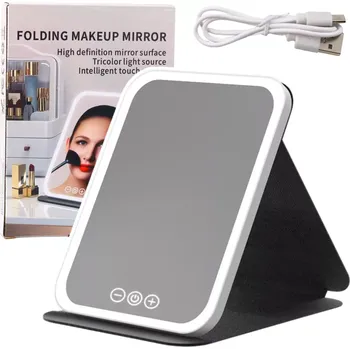 Zrcadlo LEAN Skládací LED zrcadlo s pouzdrem a stojánkem, 3 režimy osvětlení, plynulá regulace jasu, 23 cm