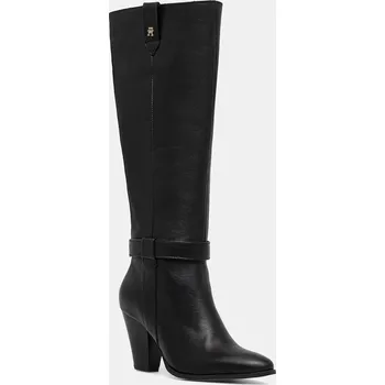 Dámské kozačky Kožené kozačky Tommy Hilfiger TH T-STRAP LTHR POINTY LONG BOOT dámské, černá barva, na podpatku, FW0FW08982 99X, EUR 37