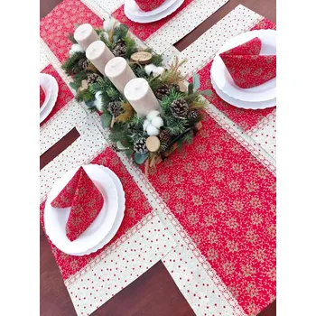 Vánoční dekorace Vánoční sada - běhoun, 4 prostírání, 4 ubrousky - vánoční hvězdy na červené se zlatou