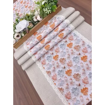 ubrus Běhoun - podzimní žaludy a listí v kombinaci s béžovou