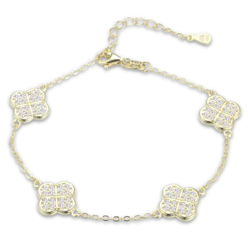 Náramek MINET JMAS7058UB20 Pozlacený stříbrný náramek čtyřlístky s bílými zirkony