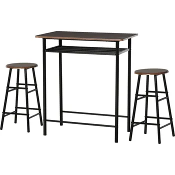 Jídelní stůl HOMCOM Barový set 3dílný jídelní stůl se 2 barovými židlemi jídelní skupina kuchyňský stůl a židle barový stůl a barové židle s odkládací policí kov 80 x 50 x 90 cm černá
