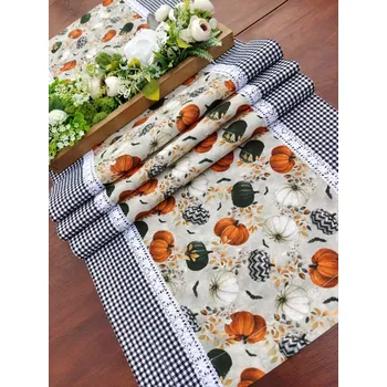 ubrus Běhoun podzimní - dýně v kombinaci s černou kostičkou