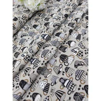 Dekorační látka - kávové hrníčky na režné