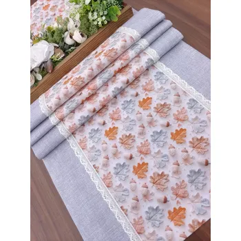 ubrus Běhoun - podzimní žaludy a listí v kombinaci s šedou