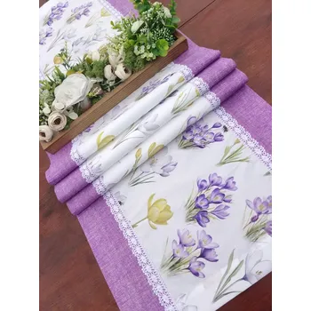 ubrus Běhoun - krokusy v kombinaci s fialovou v režném efektu