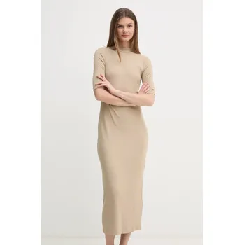 Dámské šaty Šaty Tommy Hilfiger béžová barva, midi, WW0WW44430 80X, vel. S