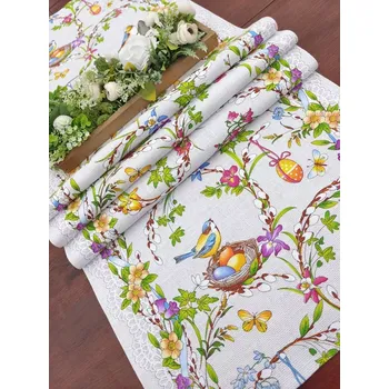 ubrus Běhoun velikonoční - malovaná vajíčka a ptáčci - 180 cm
