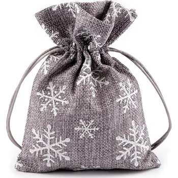 Vánoční dárkový pytlík vločky s glitry 13x18 cm imitace juty, barva šedá