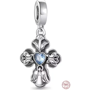 Přívěsek Charm Sterlingové stříbro 925 Kříž s modrým srdcem se symbolikou lásky a míru, přívěsek na náramek náboženství
