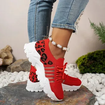 Dámské tenisky Prodyšné tenisky na platformě se vzorem leopard Barva: Červená, Velikost: 38