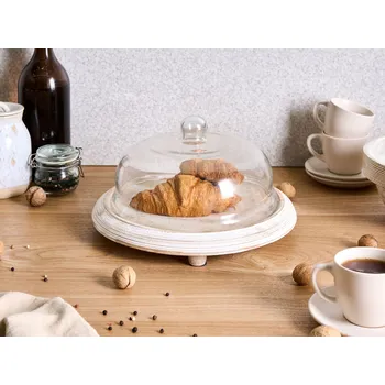 Stojan na dort s poklopem světle hnědý mangové dřevo sklo dekorativní podnos na koláče kopulovité víko kuchyně jídelna Beliani