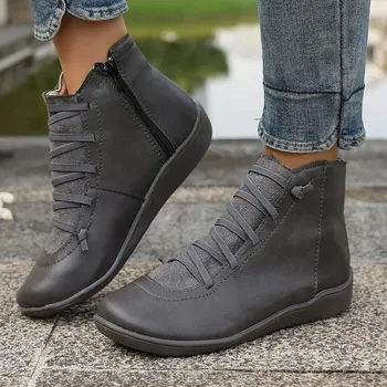 Dámské kozačky Dámské zimní kotníkové boty z kůže na šněrování Barva: Šedá, Velikost: 41