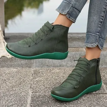 Dámské kozačky Dámské zimní kotníkové boty z kůže na šněrování Barva: Zelená, Velikost: 39