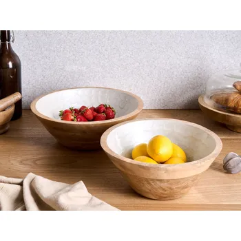 Sada 2 dekorativních misek hnědá bílá mangové dřevo ruční výroba malované na ovoce rustikální styl kuchyně jídelna Beliani