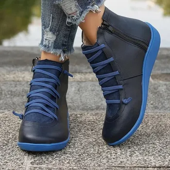 Dámské kozačky Dámské zimní kotníkové boty z kůže na šněrování Barva: Modrá, Velikost: 38