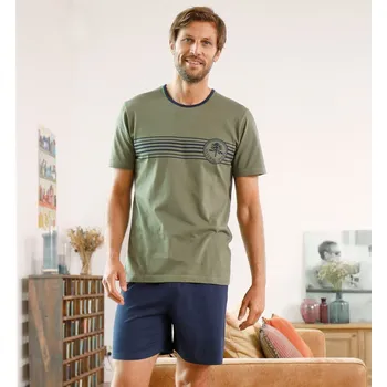 Dámské pyžamo Blancheporte Pyžamo se šortkami a potiskem proužků na hrudi khaki/nám.modrá 107/116 (XL)