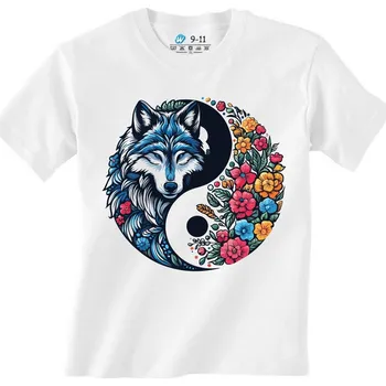Dívčí tričko Dětské tričko Jin a Jang Vlk a Květiny Yin Yang Wolf Flower (Barva: Bílá)