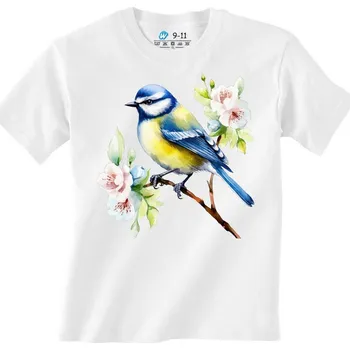 Chlapecké tričko Dětské tričko Sýkora modřinka na větvi (Velikost: 7-8, Barva: Bílá)