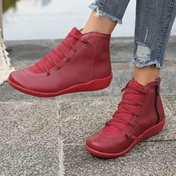 Dámské kozačky Dámské zimní kotníkové boty z kůže na šněrování Barva: Červená, Velikost: 41