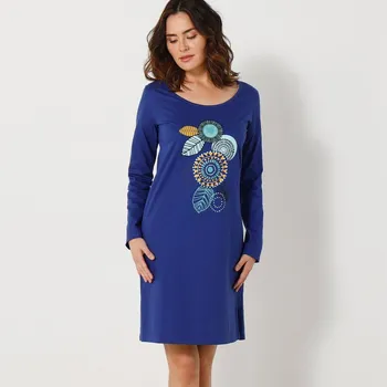 Dámská noční košile Blancheporte Krátká noční košile s dlouhými rukávy a potiskem rozet tmavě modrá 38/40