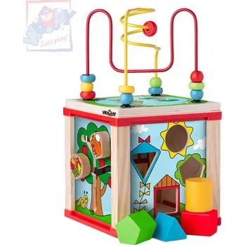 Dřevěná hračka WOODY DŘEVO Baby kostka didaktická vkládačka s labyrintem a aktivitami pro miminko | 140900