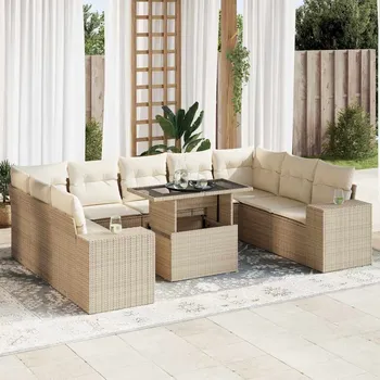 10dílná zahradní sedací souprava s poduškami béžová polyratan Béžová3326859