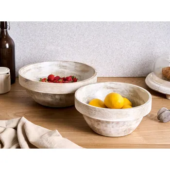 Sada 2 dekorativních misek světle hnědá mangové dřevo ruční výroba malované na ovoce rustikální styl kuchyně jídelna Beliani