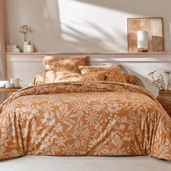 Povlečení Blancheporte Flanelové povlečení Céline s potiskem rostlin oranžová napínací prostěradlo 90x190 cm