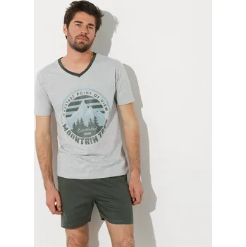 Pánské pyžamo Blancheporte Pyžamo se šortkami a výstřihem do V, s potiskem khaki/šedý melír 127/136 (3XL)