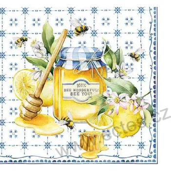 Papírový ubrousek Ambiente BEE WONDERFUL papírový dekorační ubrousek na découpage včely a sklenice medu s paličkou