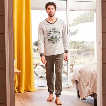 Dámské pyžamo Blancheporte Pyžamo s kalhotami a výstřihem do V, s potiskem khaki/šedý melír 87/96 (M)