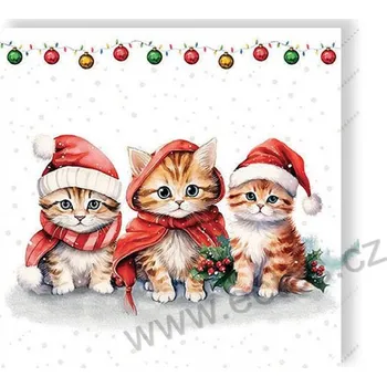 Papírový ubrousek Ambiente FUNNY CUTE KITTENS papírové dezertní ubrousky roztomilá koťátka v zimních červených čepicích 20 ks