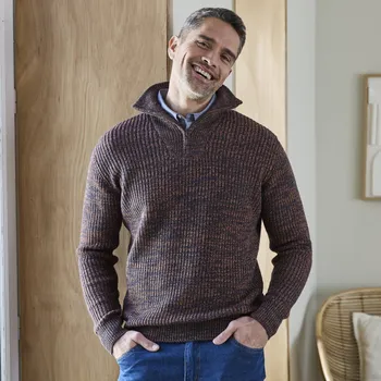 Pánská móda Pulovr se stojáčkem na zip, hladký úplet s 30 % vlny oranžová žíhaná 127/136