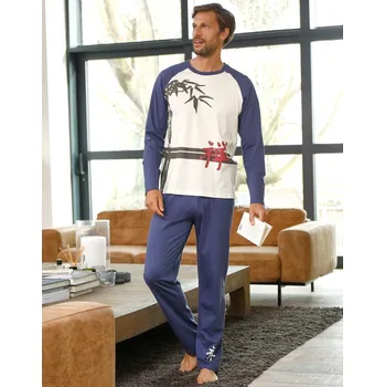Pánské pyžamo s dlouhými rukávy, motiv bambusu režná/indigo 107/116 (XL)