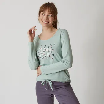 Dámské pyžamo Blancheporte Pyžamové tričko s dlouhými rukávy a středovým potiskem Beautiful světle zelená 50