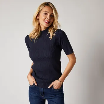 Dámský svetr Žebrovaný pulovr s krátkými rukávy a stojáčkem námořnická modrá 42/44