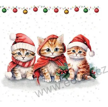 Papírový ubrousek Ambiente FUNNY CUTE KITTENS papírový dekorační ubrousek na découpage roztomilá koťátka v zimních červených čepicích