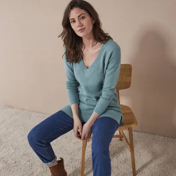 Dámský svetr Dlouhý pulovr s výstřihem do V tyrkysová 50