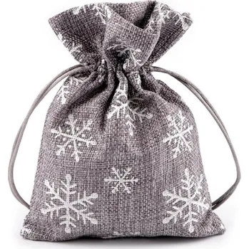 Vánoční dekorace Vánoční dárkový pytlík vločky s glitry 13x18 cm imitace juty šedá
