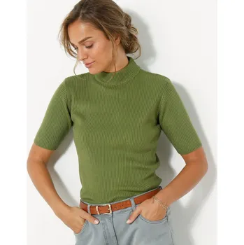 Dámský svetr Blancheporte Žebrovaný pulovr s krátkými rukávy a stojáčkem olivová 52