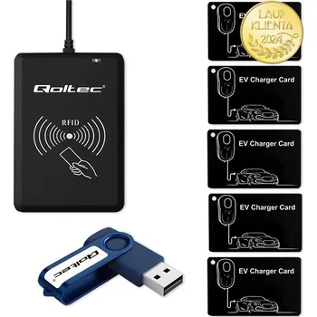 Nabíjecí kabel pro elektromobil Qoltec 52428 Hotelový systém Qoltec EV | Programátor RFID karet pro elektromobily + software + 5 karet pro elektromobily (Hotelový systém Qoltec , kompatibilní s nabíjecí stanicí Qoltec EV , obsahuje: - programátor karet pro elektromobily, - pět karet pro
