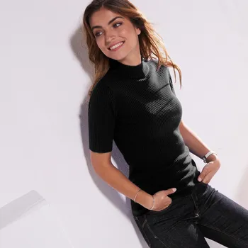 Dámský svetr Žebrovaný pulovr s krátkými rukávy a stojáčkem černá 52