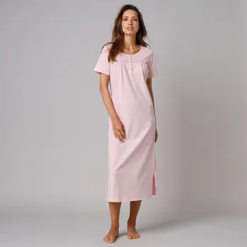 Dámské noční prádlo Blancheporte Jednobarevná dlouhá noční košile s krátkými rukávy a macramé růžová 52
