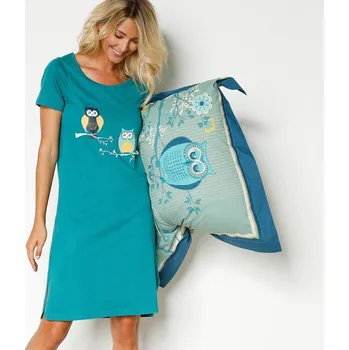 Dámské noční prádlo Krátká noční košile s krátkými rukávy a potiskem soviček zelená jedlová 50