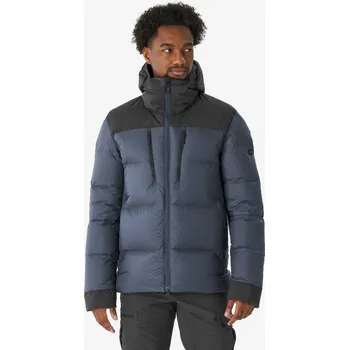 FORCLAZ Pánská turistická péřová bunda s kapucí MT 900 M ČERNÁ|ŠEDÁ