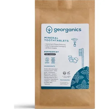 zubní pasta Georganics | Minerální zubní tablety - Máta peprná Obsah: 720 ks na cesty, bez fluoridu, erythritol s mátou peprnou, jemné čištění